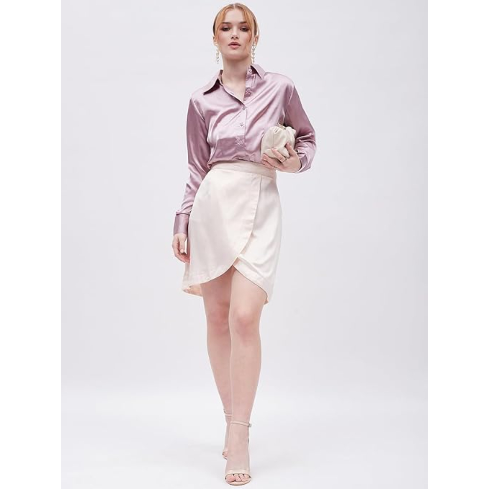 Women Formal Solid Satin Purple Shirt - Image 3