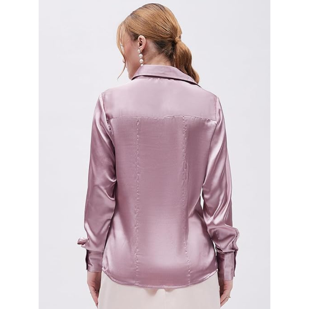 Women Formal Solid Satin Purple Shirt - Image 2