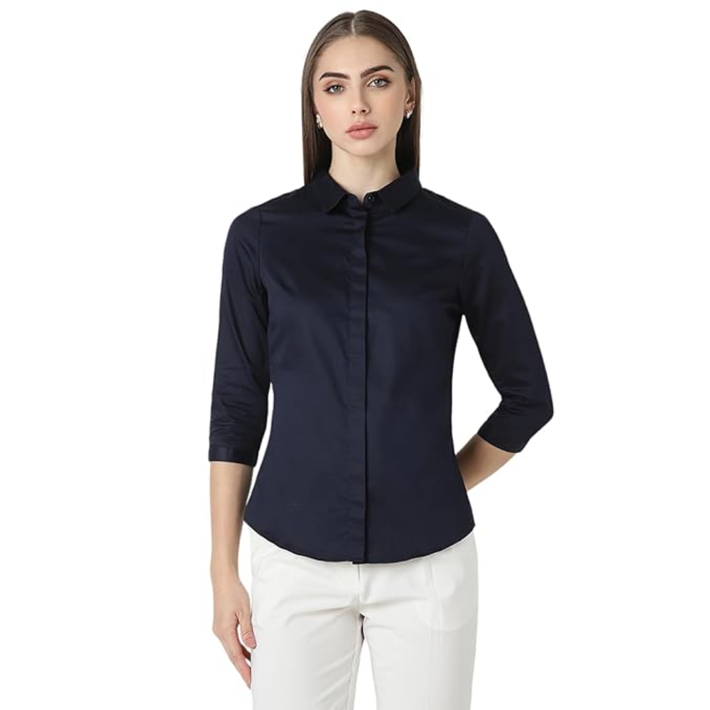 Women Plain formal Navy Blue Shirt