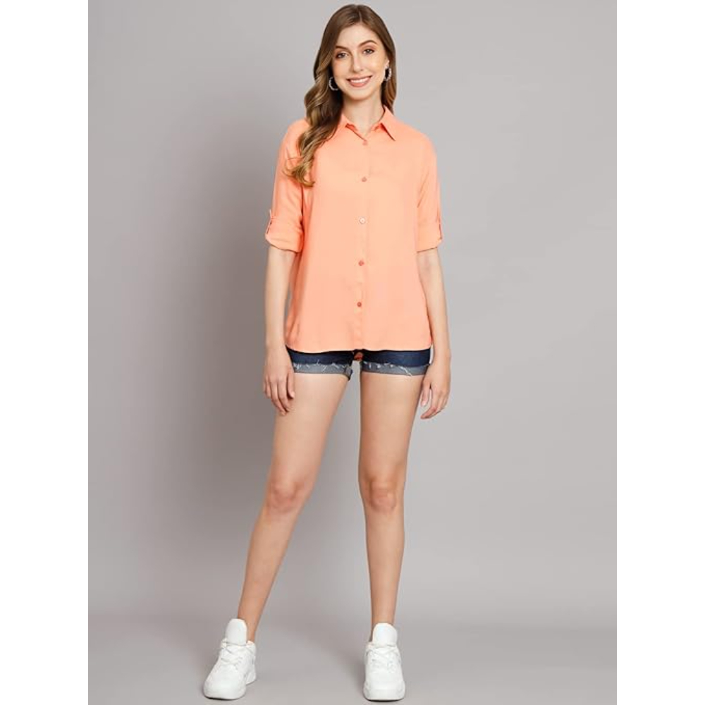 Women Solid Casual Peach Shirt - Image 3