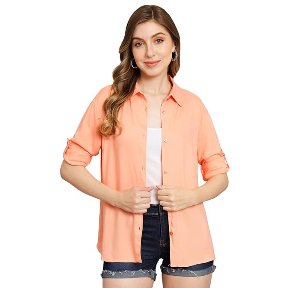Women Solid Casual Peach Shirt