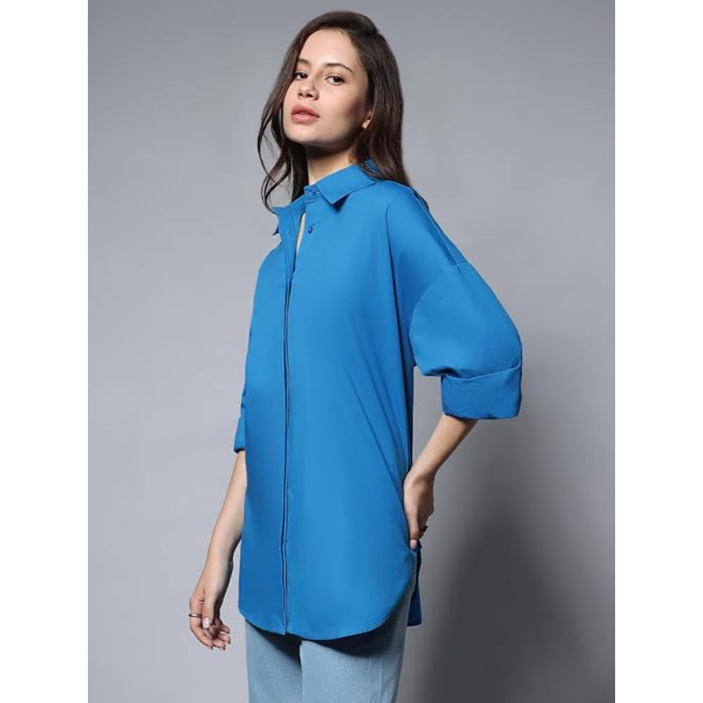 Women Oversized Cotton Blue Shirt - Image 3