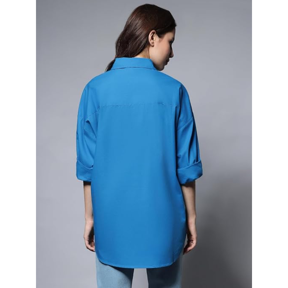 Women Oversized Cotton Blue Shirt - Image 2