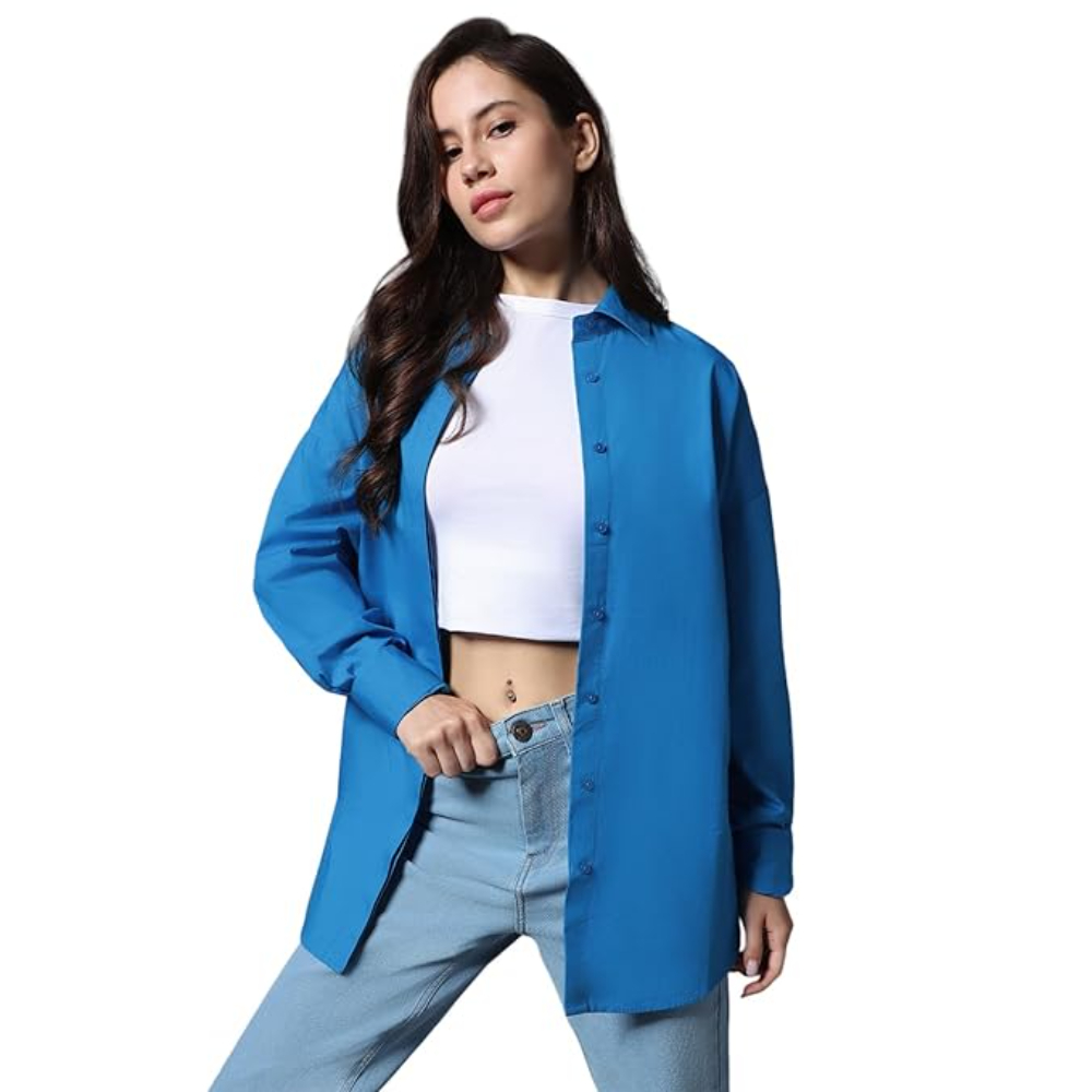 Women Oversized Cotton Blue Shirt