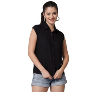 Women Plain Sleevesless Black Shirt
