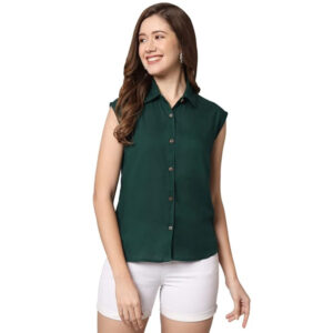 Women Plain Sleevesless Dark Green Shirt