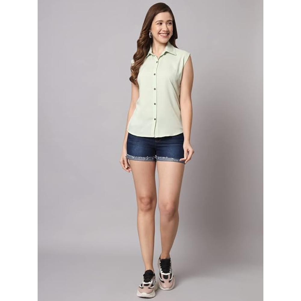 Women Plain Sleevesless Light Green Shirt - Image 3