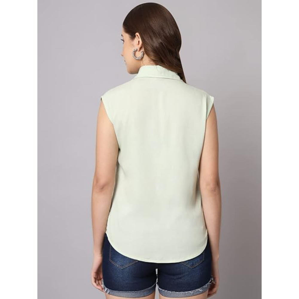 Women Plain Sleevesless Light Green Shirt - Image 2