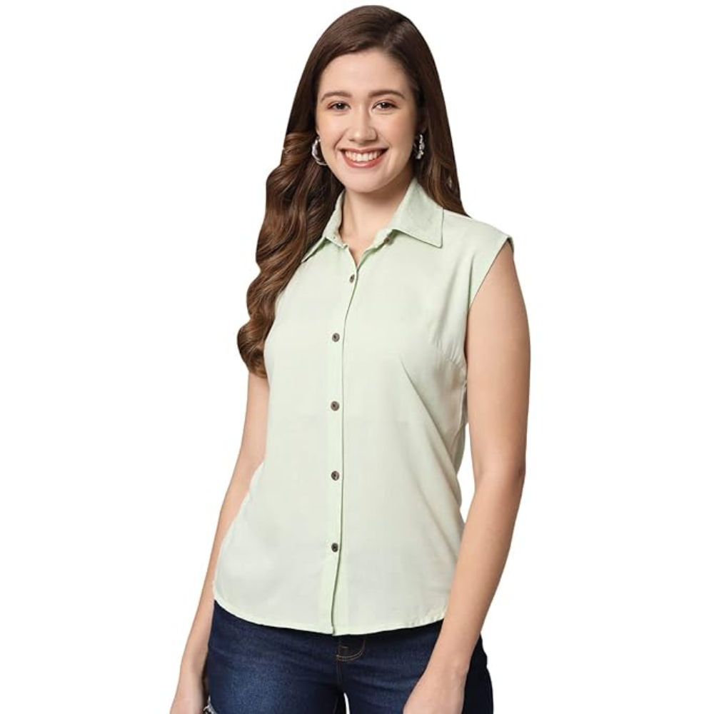 Women Plain Sleevesless Light Green Shirt