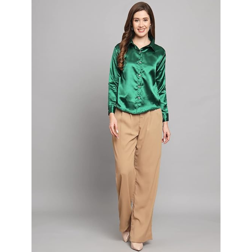 Women Formal Satin Green Shirt - Image 3