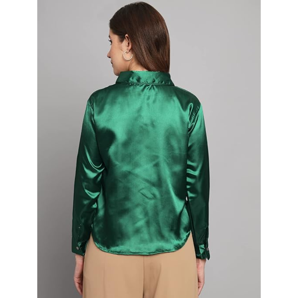 Women Formal Satin Green Shirt - Image 2