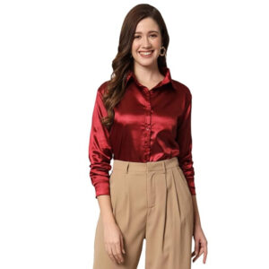 Women Formal Satin Maroon Shirt