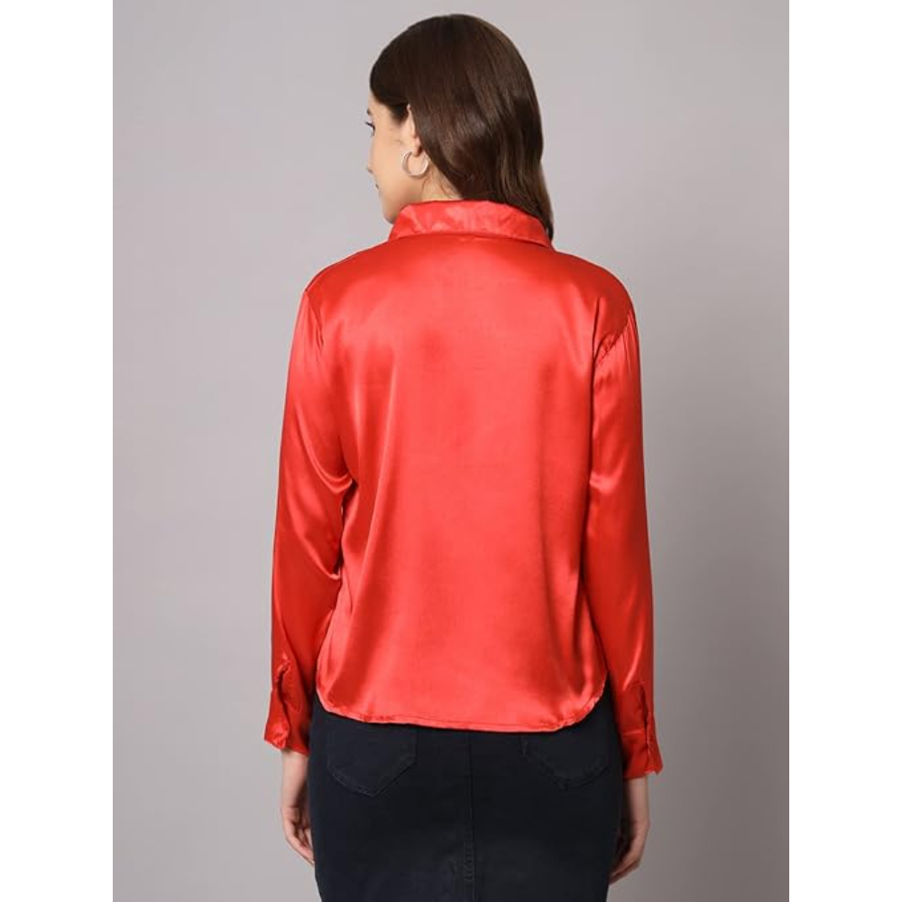 Women Formal Satin Red Shirt - Image 2