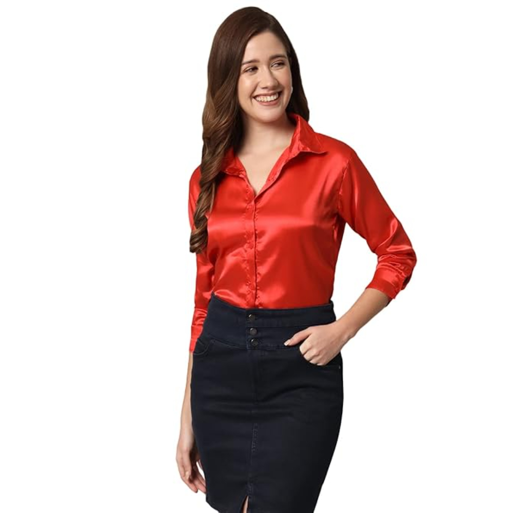 Women Formal Satin Red Shirt
