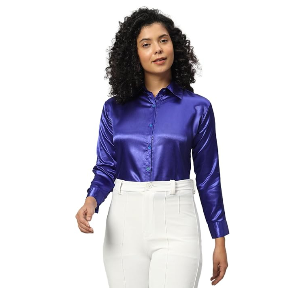 Women Formal Satin Royal Blue Shirt