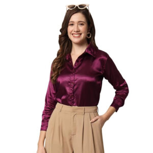Women Formal Satin Wine Shirt