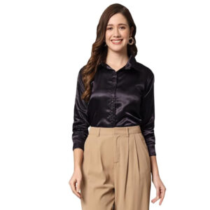 Women Formal Satin Dark Black Shirt