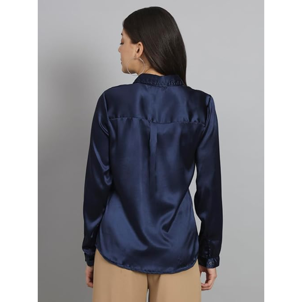 Women Formal Satin Navy Blue Shirt - Image 2
