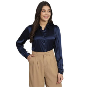 Women Formal Satin Navy Blue Shirt