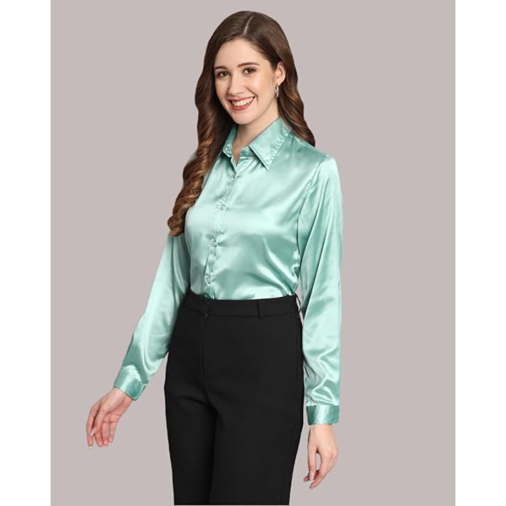 Women Formal Satin Sea Green Shirt - Image 3