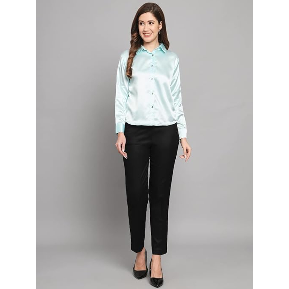 Women Formal Satin Sky Blue Shirt - Image 3