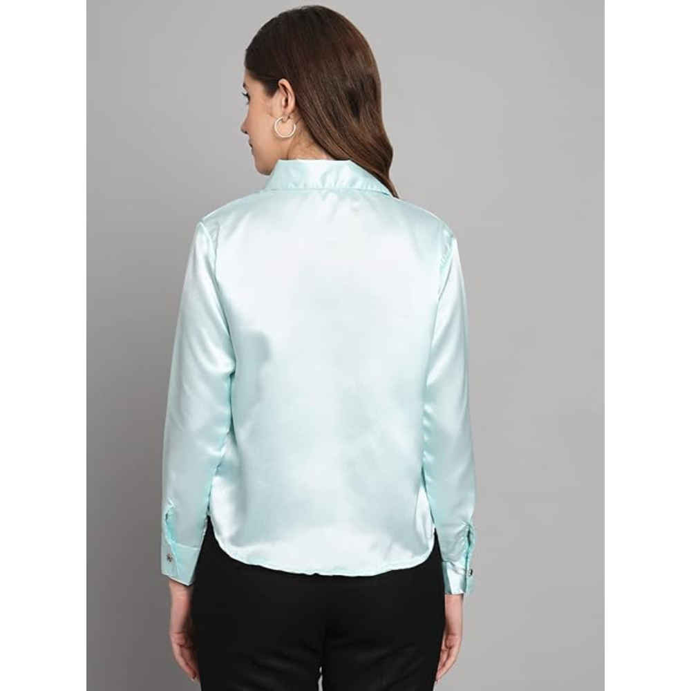 Women Formal Satin Sky Blue Shirt - Image 2