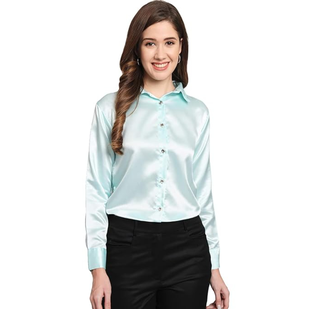Women Formal Satin Sky Blue Shirt