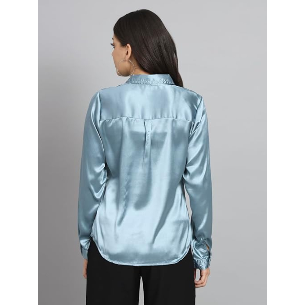 Women Formal Satin Light Blue Shirt - Image 2