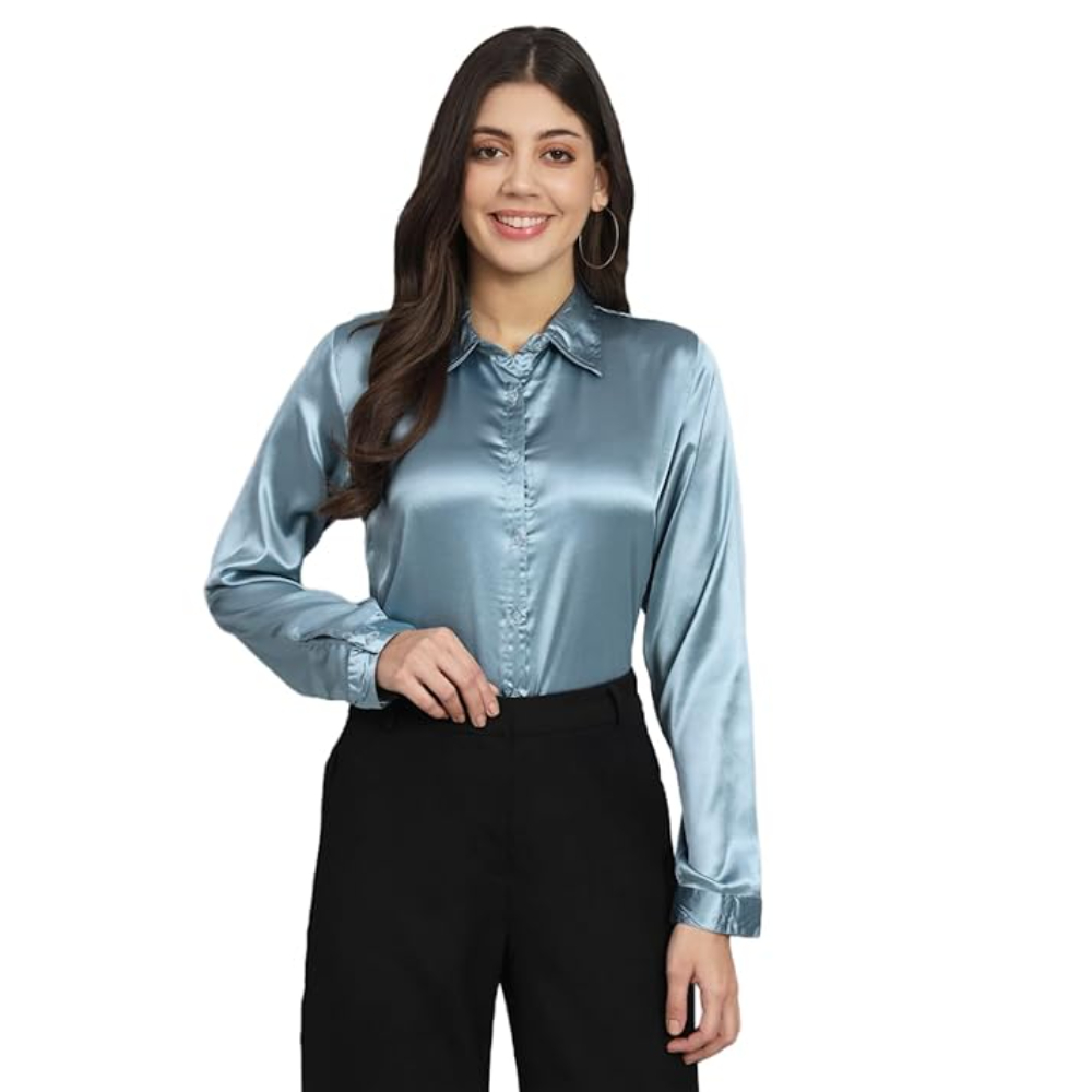 Women Formal Satin Light Blue Shirt