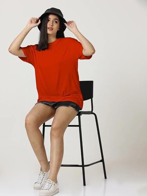 Women Cotton Oversized Orange T-shirt - Image 3