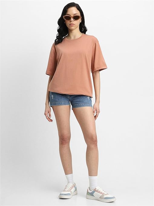 Pure Cotton Women Half Sleeve Beige T-Shirt - Image 3