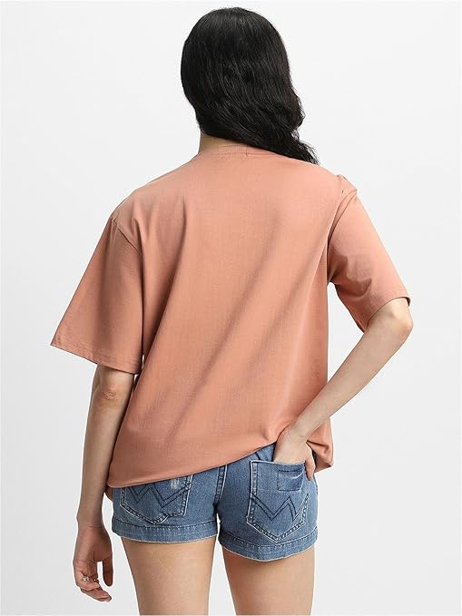 Pure Cotton Women Half Sleeve Beige T-Shirt - Image 2