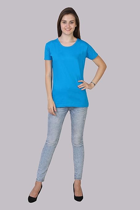Women Plain Cotton Blue T-Shirt - Image 3