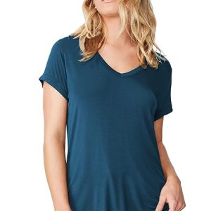 Women Solid Cotton V-Neck Blue T-shirt