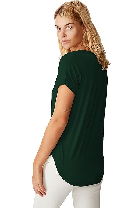 Women Solid Cotton V-Neck Green T-shirt - Image 2