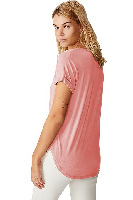 Women Solid Cotton V-Neck Rose Pink T-shirt - Image 2