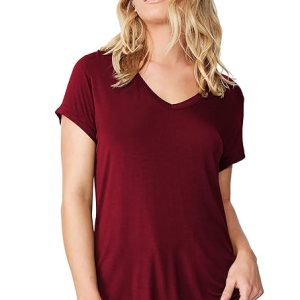 Women Solid Cotton V-Neck Maroon T-shirt