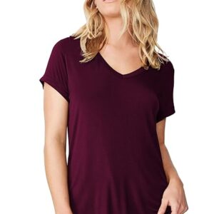 Women Solid Cotton V-Neck Wine T-shirt