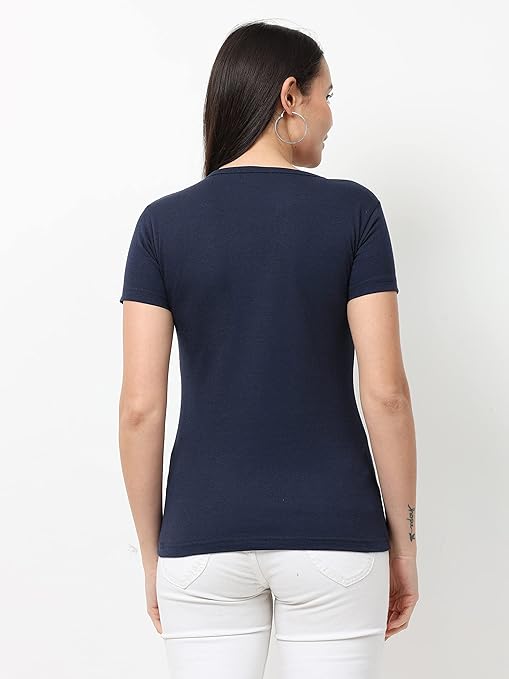 Women Cotton Plain Navy Blue T-Shirt - Image 2