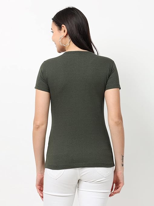 Women Cotton Plain Olive Green T-Shirt - Image 2