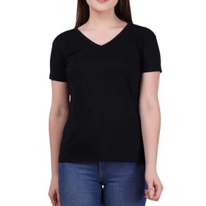 Women Plain V Neck Black T-Shirt