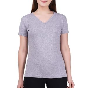 Women Plain V Neck Grey Milange T-Shirt