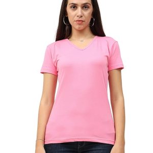 Women Plain V Neck Light Pink T-Shirt
