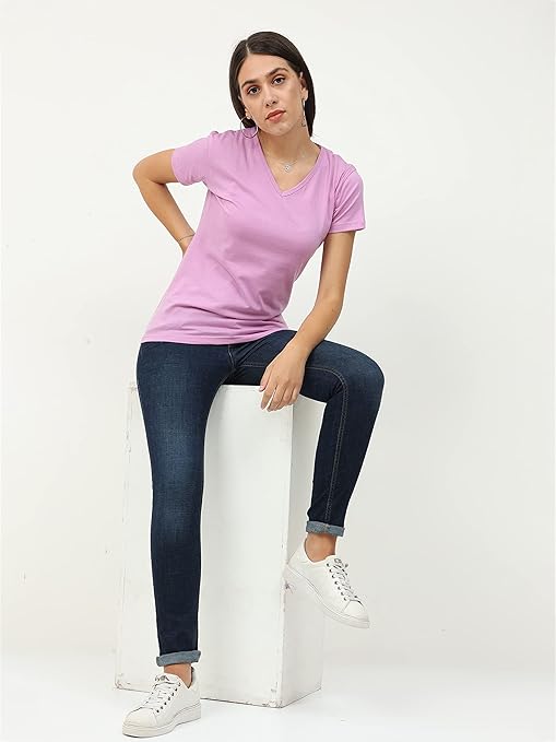 Women Plain V Neck Lavender T-Shirt - Image 3