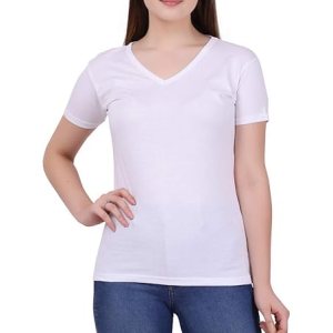 Women Plain V Neck White T-Shirt