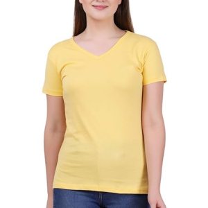 Women Plain V Neck Yellow T-Shirt