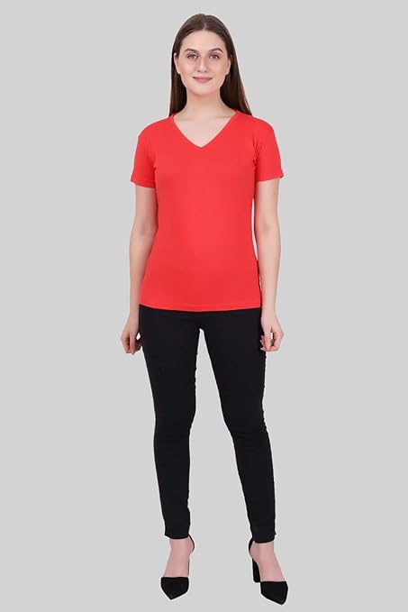 Women Plain V Neck Coral Red T-Shirt - Image 3