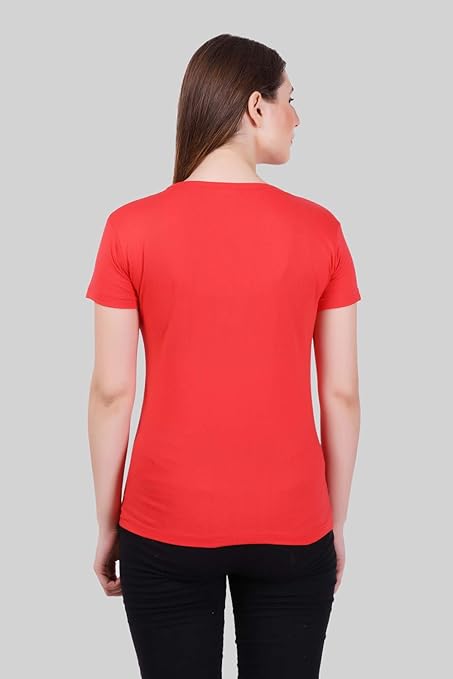 Women Plain V Neck Coral Red T-Shirt - Image 2