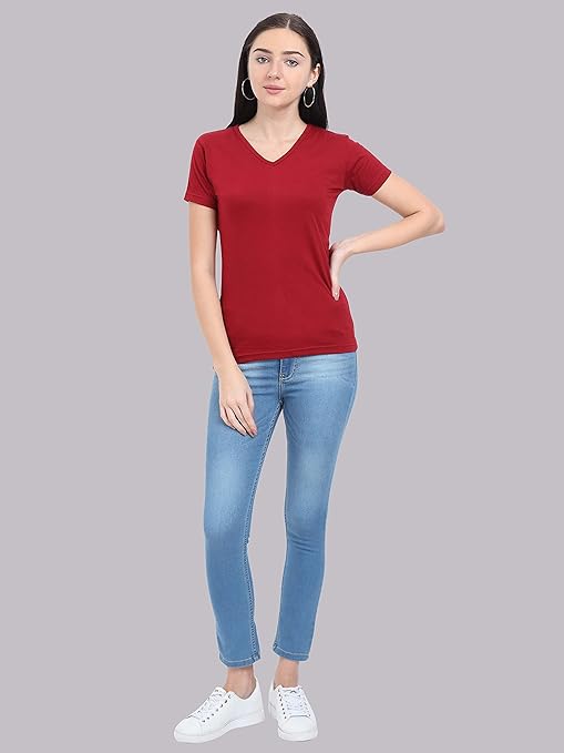 Women Plain V Neck Red T-Shirt - Image 3