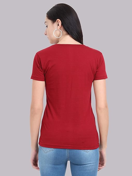 Women Plain V Neck Red T-Shirt - Image 2